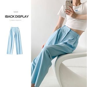 NEW Blue High Waist Pleated Front Straight Leg Trouser